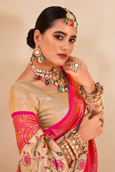 South Indian Pink & Cream Contrast Pure Dharmavaram Silk Designer Saree